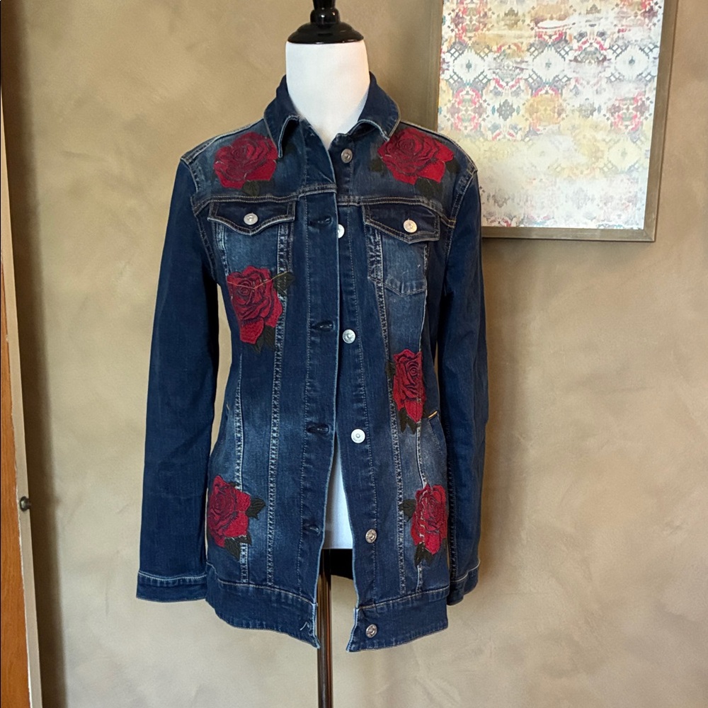 LuLaRoe Blue Stretchy Embroidered Jean Jacket Small